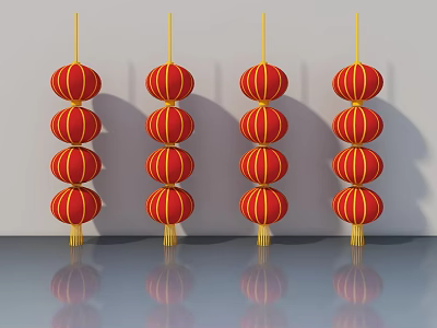 Red Lanterns With Yellow Line Decorations And Tassels On Gray Background Reflective Floor 3d model