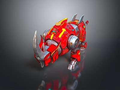 Futuristic Red Mechanical Rhino With Metal Body Yellow Accents And Sharp Horns 3d model