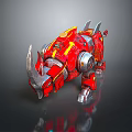 Futuristic Red Mechanical Rhino With Metal Body Yellow Accents And Sharp Horns