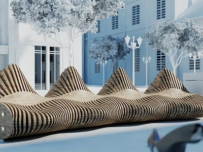 Wooden Landscape Seating With Unique Design In Outdoor Area With Trees And Buildings 3d model