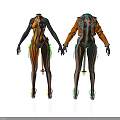 Two Stylish Fashion Costume Designs On Humanoid Models With Decorative Elements