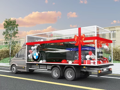 Truck Transporting Black Car In Transparent Display Case With Red Bow And Balloons 3d model