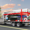 Truck Transporting Black Car In Transparent Display Case With Red Bow And Balloons