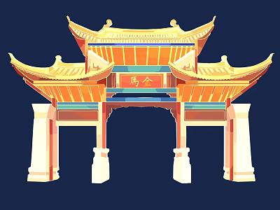 Traditional Chinese Paifang Archway With Golden Roof Tiles And White Pillars Design 3d model
