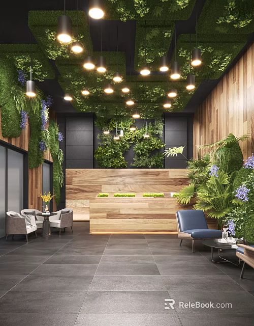 Modern Natural Wooden Reception Space With Lush Green Plants And Cozy Guest Lounge Seats 3d model 