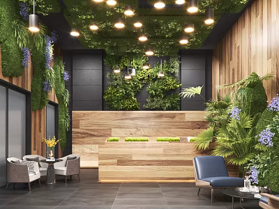 Modern Natural Wooden Reception Space With Lush Green Plants And Cozy Guest Lounge Seats 3d model