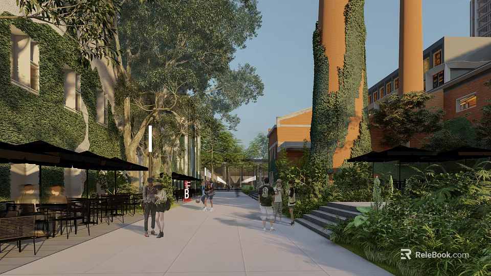 Lush Garden Landscape With Ivy Covered Columns Promenade People Walking And Outdoor Seating 3d model 