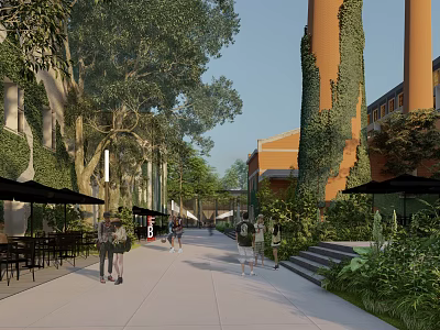 Lush Garden Landscape With Ivy Covered Columns Promenade People Walking And Outdoor Seating 3d model