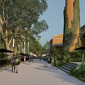 Lush Garden Landscape With Ivy Covered Columns Promenade People Walking And Outdoor Seating