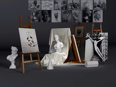 Artist's Art Supplies And Musical Instruments With Easels Canvas Plaster Statues 3d model