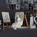 Artist's Art Supplies And Musical Instruments With Easels Canvas Plaster Statues