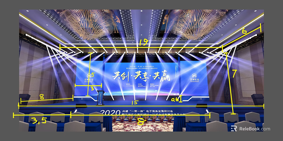 2020 Conference Stage Featuring Large Screen Lighting And Collaborate Share Win Theme 3d model 