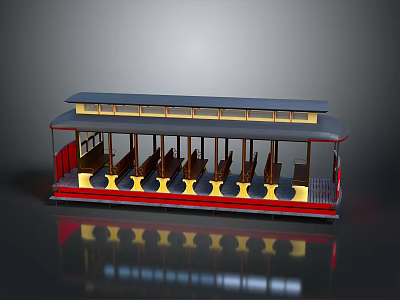 Vintage Red Yellow Bus with Gray Roof and Wooden Seats Interior Design 3d model