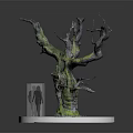 Twisted Dead Tree with Green Moss and Small Human Figure on Circular Base 3d model