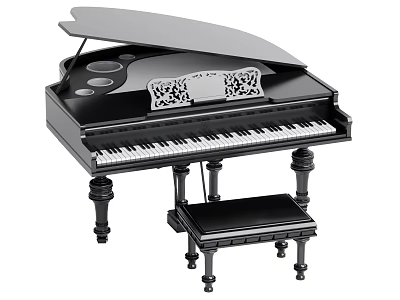 Elegant Musical Instruments Black Grand Piano with Carved Design and Matching Stool 3d model
