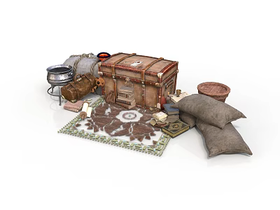 Vintage Interior Setup With Old Wooden Trunk Decorative Rug Pillows And Metal Container 3d model
