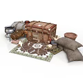 Vintage Interior Setup With Old Wooden Trunk Decorative Rug Pillows And Metal Container