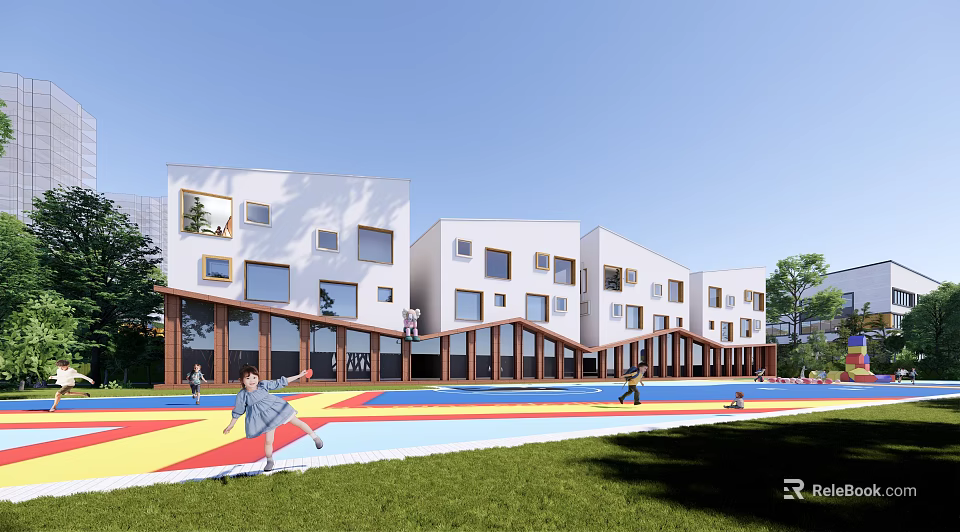 Modern White School Building With Multiple Windows Colorful Playground Children Playing And Surrounding Trees 3d model 