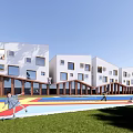 Modern White School Building With Multiple Windows Colorful Playground Children Playing And Surrounding Trees