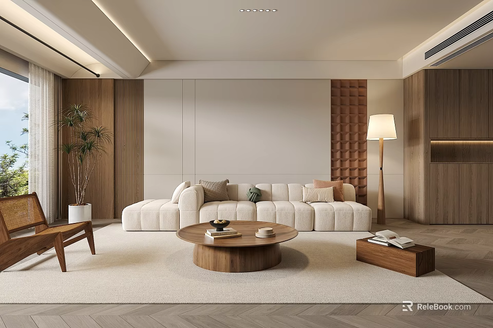 Modern Living Room Interior With Beige Sofa Round Wooden Coffee Table And Floor Lamp 3d model 
