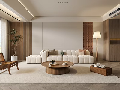 Modern Living Room Interior With Beige Sofa Round Wooden Coffee Table And Floor Lamp 3d model