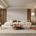Modern Living Room Interior With Beige Sofa Round Wooden Coffee Table And Floor Lamp