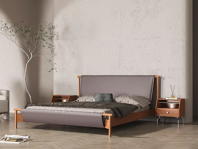 Modern Double Bed with Gray Upholstered Headboard in Minimalist Bedroom with Nightstands and Green Plant 3d model