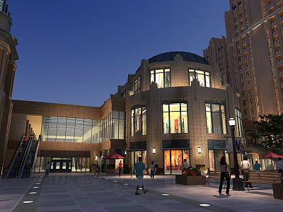 Commercial Street Evening Scene With Domed Building Large Glass Windows People Walking Benches Street Lamps 3d model