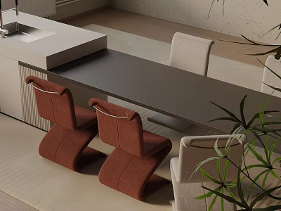 Modern Dining Table Set With Brown Upholstered Chairs And Green Potted Plants 3d model