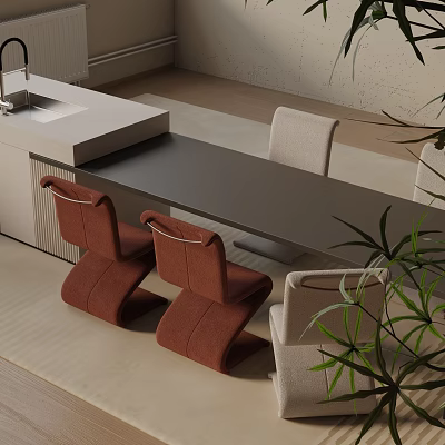 Modern Dining Table Set With Brown Upholstered Chairs And Green Potted Plants 3d model