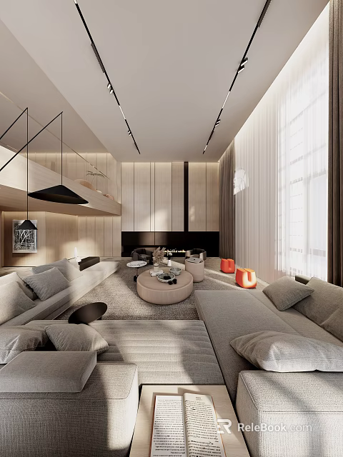 Modern Duplex Living Room Interior With High Ceiling Floor to Ceiling Windows and Cozy Furniture 3d model 