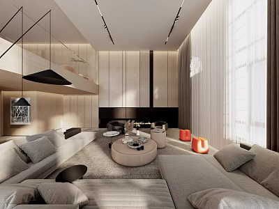 Modern Duplex Living Room Interior With High Ceiling Floor to Ceiling Windows and Cozy Furniture 3d model