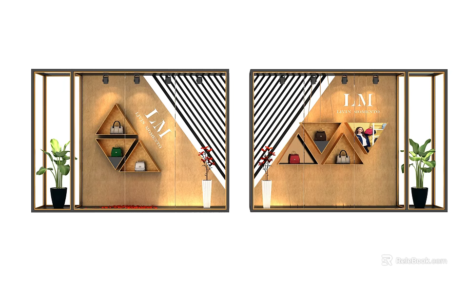 LAI Brand Shop Window Display With Geometric Shelves Bags Accessories And Plants 3d model 