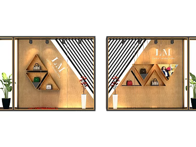 LAI Brand Shop Window Display With Geometric Shelves Bags Accessories And Plants 3d model