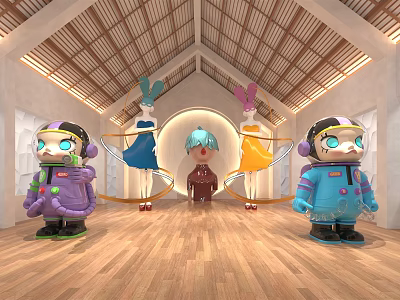 Colorful Cartoon Characters In Indoor Space With Wooden Ceiling And Arched Door 3d model