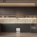 Modern Kitchen Interior With Dark Wood Cabinets And Marble Patterned Backsplash Featuring Washing Machine 3d model