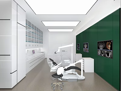 Modern Hospital Outpatient Clinic Interior With Green Walls White Cabinets Medical Equipment And Examination Chairs 3d model