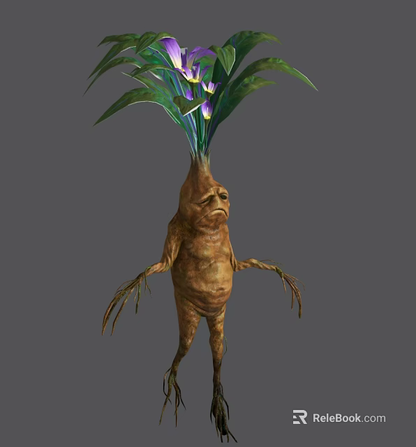 Fantasy Game Character With Root Like Body Human Face Green Leaves Purple Flowers On Head 3d model 