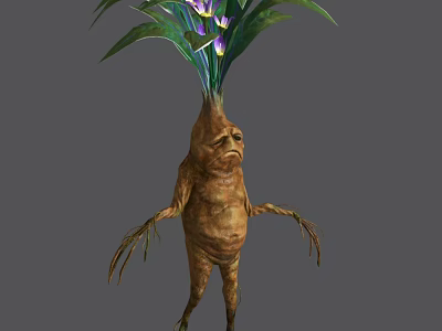 Fantasy Game Character With Root Like Body Human Face Green Leaves Purple Flowers On Head 3d model