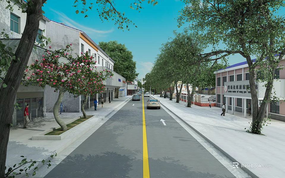 Road Facilities With Yellow Dividing Line Sidewalks Trees Buildings And Cars 3d model 