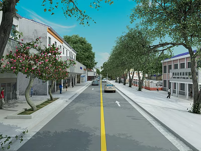Road Facilities With Yellow Dividing Line Sidewalks Trees Buildings And Cars 3d model
