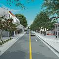 Road Facilities With Yellow Dividing Line Sidewalks Trees Buildings And Cars