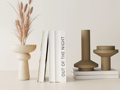 Beige Brown Decorative Ornaments Set With Dried Pampas Grass Books And Geometric Vases 3d model