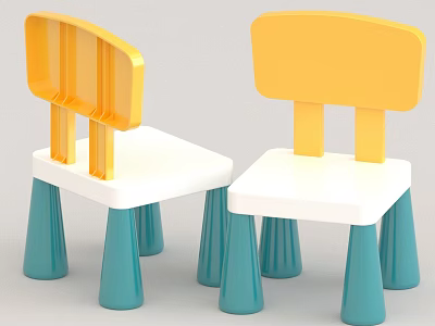 Colorful Kids Stools With Yellow Curved Backrest And Blue Cylindrical Legs 3d model