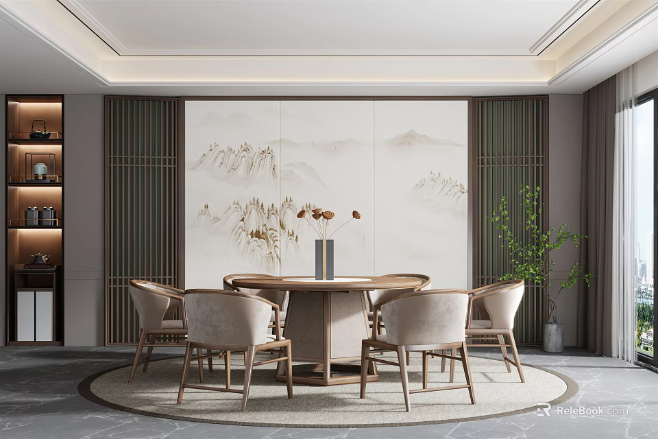 Modern Chinese Restaurant Interior Design With Round Dining Table Chairs And Landscape Painting Decor 3d model 