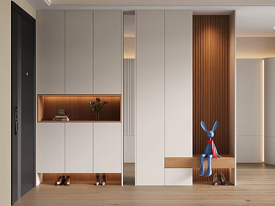 Modern Shoe Cabinet Design With White Storage Bench Display Niche Wooden Accent And Decorative Rabbit 3d model