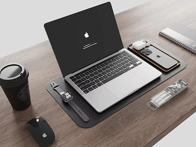 Apple MacBook Laptop Home Office Setup With Accessories On Wooden Desk 3d model