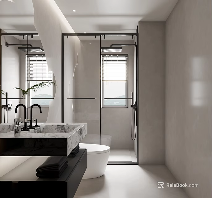 Modern Bathroom Interior With Marble Countertop Sink Glass Shower Toilet Large Mirror And Window 3d model 