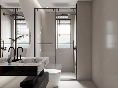 Modern Bathroom Interior With Marble Countertop Sink Glass Shower Toilet Large Mirror And Window 3d model