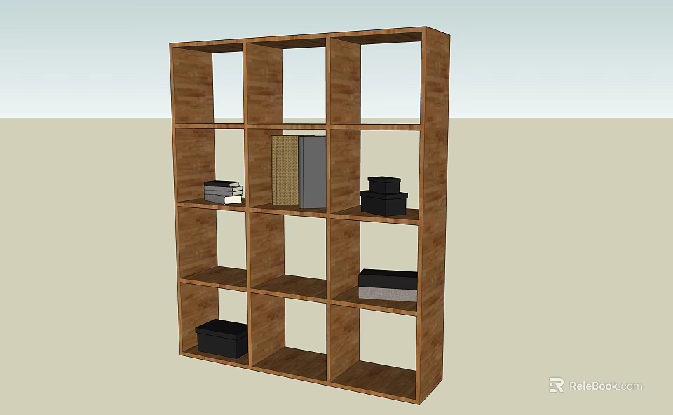 Wooden Bookshelf with Multiple Cubby Holes Holding Books and Storage Boxes 3d model 